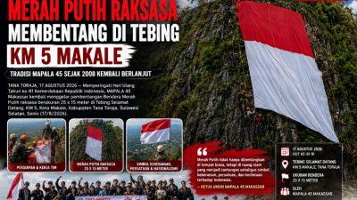Merah Putih Raksasa Membentang di Tebing KM 5 Makale, Tradisi MAPALA 45 Sejak 2008 Kembali Berlanjut